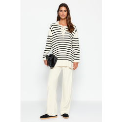 Trendyol Beige Striped Collar Tie Detail Sweater-Trousers Knitwear Two Piece Set