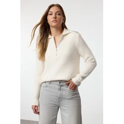 Trendyol Ecru Wool Wide Pattern Turn-down Collar Zippered Knitwear Sweater