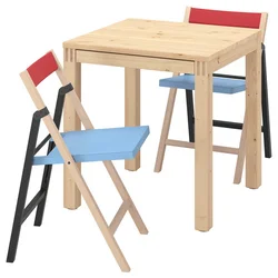 IKEA PS 2026 Sto i 2 sklopive stolice, borovina/plava/crna crvena, 70x70 cm