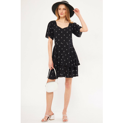armonika Womens Black Minus Dress Short Sleeve Skirt Layered Zippered Patterned Mini Size