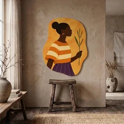 WallXpert MDF zidna slika nepravilnog oblika ART3DCNCMDL7, žena u prugastoj majici sa grančicom na žutoj pozadini, 55 x 38 cm