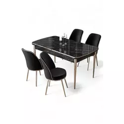 HANAH HOME Rasklopivi trpezarijski sto i stolice (5 delova) Nira Black Marble Chrome Black
