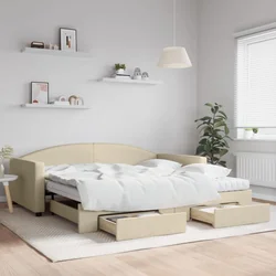 Greatstore Izvlečna dnevna postelja s predali krem 100x200 cm blago