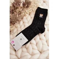 Patterned socks for women with teddy bear, black