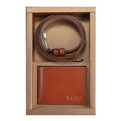Princ Leather Muški poklon set novčanik i kaiš, Terakota