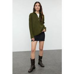 Trendyol Khaki Wide Pattern Soft Textured Stand Collar Knitwear Sweater
