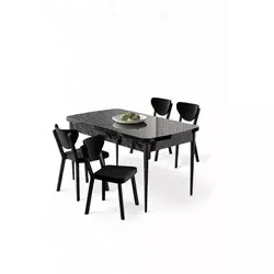 HANAH HOME Rasklopivi trpezarijski sto i stolice (5 delova) Exve Black Marble Black