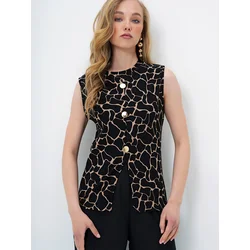 Trend Alacati Stili Ženska bluza bez rukava Alc-X13729, Okrugli izrez, Crno-bež