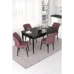 Hanah Home trpezarijski set Nef, sto na razvlačenje i 4 stolice, ploča u dekoru crnog mermera, puder roze tkanina Jerry