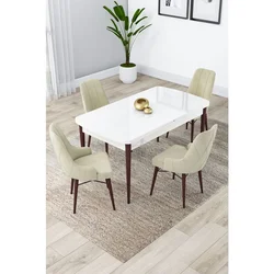 Hanah Home trpezarijski set Lia, sto na razvlačenje i 4 stolice, bela ploča, noge boje oraha, krem tkanina Babyface
