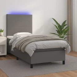 vidaXL Box spring postelja z vzmetnico LED siva 90x200 cm umetno usnje