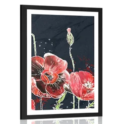 Plakat s paspartujem rdeč mak na črnem ozadju - 60x90 no frame