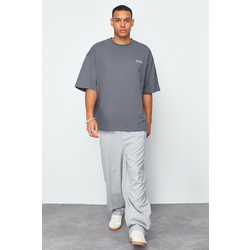 Trendyol Anthracite Oversize 100% Cotton Crew Neck Minimal Text Printed T-Shirt