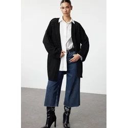 Trendyol Black Oversize Midi Openwork/Hole Knitted Cardigan