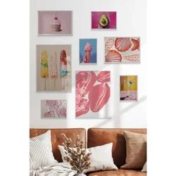 WallXpert set od 8 manjih uramljenih slika Çgs-076, roze motivi – kolači, sladoled, avokado i školjke, beli ram