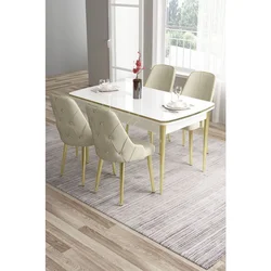Hanah Home trpezarijski set Tia, sto i 4 stolice, bela ploča, zlatne noge, krem tkanina Babyface