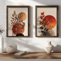 WallXpert set uramljenih MDF slika NAL206-46, grane sa lišćem i bobicama ispred narandžastog sunca u boho stilu, 2 x 35,5 x 47 cm