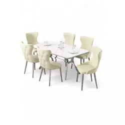 HANAH HOME Rasklopivi trpezarijski sto i stolice (7 delova) Esla White Marble Chrome Cream