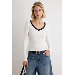 Trendyol Milla ženska bluza Ecru Plain Fitted/V-Neck Color Block, ecru-višebojna