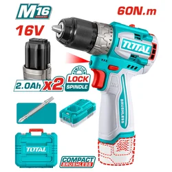TOTAL Aku bušilica 16v, 2x2.0ah baterije, kofer, BL, 60NM, 13mm futer