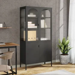 Visoka komoda crna 90 x 40 x 180 cm od stakla i čelika