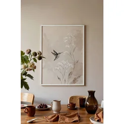 WallXpert uramljena slika 115239, kolibri među belim poljskim cvetovima u bež tonovima, 30 x 40 cm, beli ram