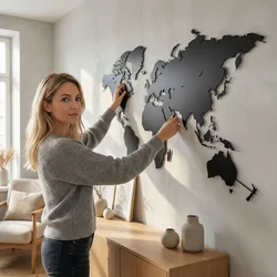 WallXpert metalni zidni ukras 5143, mapa sveta, puna silueta, 101 x 53 cm, crni