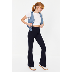 Trendyol Navy Blue Ribbed Flare/Flare High Waist Elastic Knitted Leggings Trousers