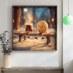 WallXpert uramljena MDF slika DOS055-33, šolja kakaa i kolačić na klupi u snegu, 34 x 34 cm