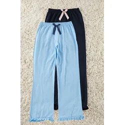 Trendyol Blue-Multicolored 2-Pack 100% Cotton Ruffle and Ribbon/Bow Knitted Pajama Bottoms
