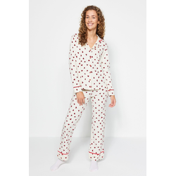 Trendyol Beige 100% Cotton Heart Patterned Shirt-Pants and Knitted Pajamas Set