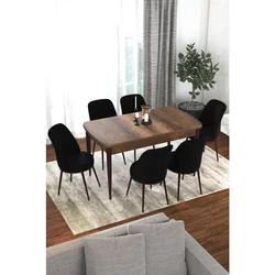 Hanah Home trpezarijski set Via, sto na razvlačenje i 6 stolica, ploča u dekoru drveta Baroque, crna tkanina Jerry