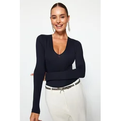 Trendyol Navy Blue Knitted Deep V Neck Studded Bodysuit