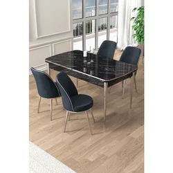 Hanah Home trpezarijski set Pale, sto na razvlačenje i 4 stolice, ploča u dekoru crnog mermera, hromirane noge, antracit tkanina Babyface