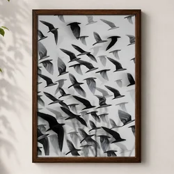 WallXpert uramljena MDF slika 3752KACT-055, jato crnih ptica u letu na sivoj pozadini, 37 x 52 cm