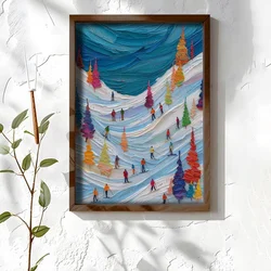 WallXpert uramljena MDF slika NAL006-46, skijaši na snežnoj padini među šarenim jelkama, reljefni stil, 35,5 x 47 cm