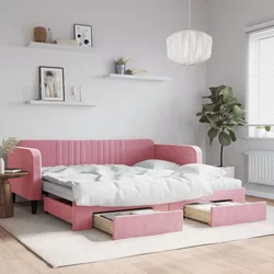shumee Izvlečna dnevna postelja s predali roza 100x200 cm žamet