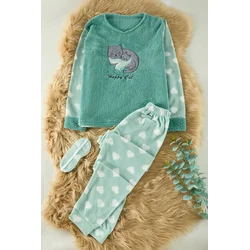 Trendyol Mint Heart Patch Polar Fleece Knitted Pajama Set