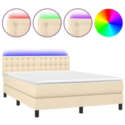 Vidaxl Box spring postelja z vzmetnico LED krem 140x190 cm blago