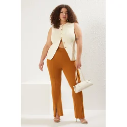 Trendyol Curve Brown Skinny High Waist Zippered Knitted Plus Size Trousers