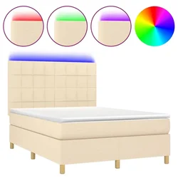 Vidaxl Box spring postelja z vzmetnico LED krem 140x190 cm blago
