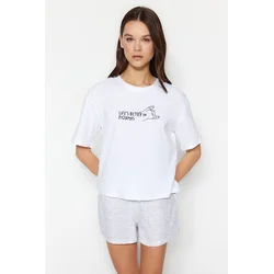 Trendyol White Striped Slogan Printed Cotton T-shirt-Shorts Knitted Pajama Set