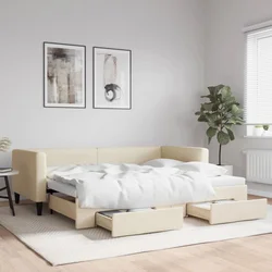 Greatstore Izvlečna dnevna postelja s predali krem 90x200 cm blago