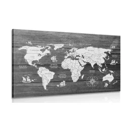 Slika črnobel zemljevid na leseni podlagi - 60x40