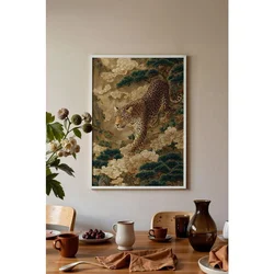 WallXpert uramljena slika 115251, leopard među borovima i belim cvetovima, 30 x 40 cm, beli ram
