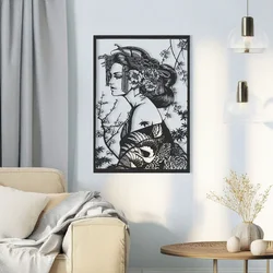 WallXpert metalni zidni ukras RT-NMD-006, gejša sa cvetovima i granama trešnje, 58,5 x 41 cm, crni
