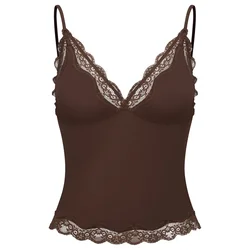 cfab Top Deep Neck Lace Top rjava