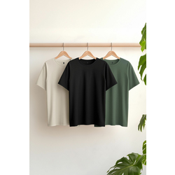 Trendyol Black-Stone-Dark Green Oversize/Wide Cut 3 Pack 100% T-Shirt