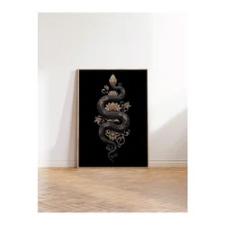 WallXpert uramljena slika 115259, crna zmija sa zlatnim cvetnim ornamentima na crnoj pozadini, 50 x 70 cm, ram u boji prirodnog drveta