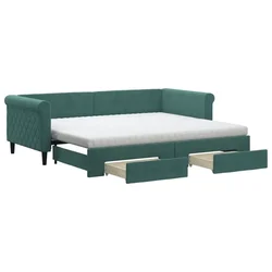 Vidaxl Izvlečna dnevna postelja s predali temno zelena 90x200 cm žamet